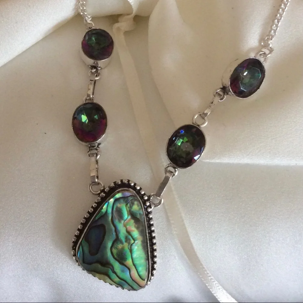 Sterling Silver Mystic Fire Topaz and Abalone Pearl Necklace Choker - Picture 4 of 11